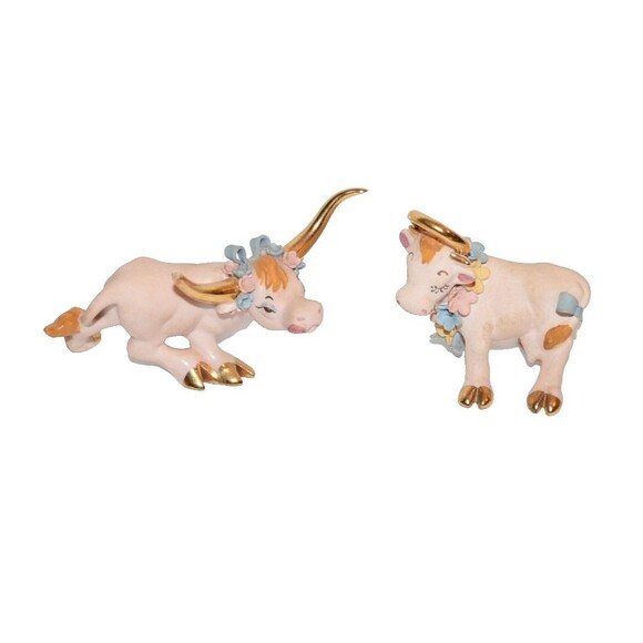 Vtg Pink Longhorn Bull Figurine Bow Flowers Walker Renaker Holy Cow Lot Flaws - Picture 1 of 11